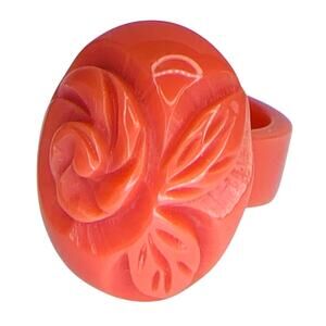 Antique Carved Celluloid Coral Ring Art Deco Floral Size 6
